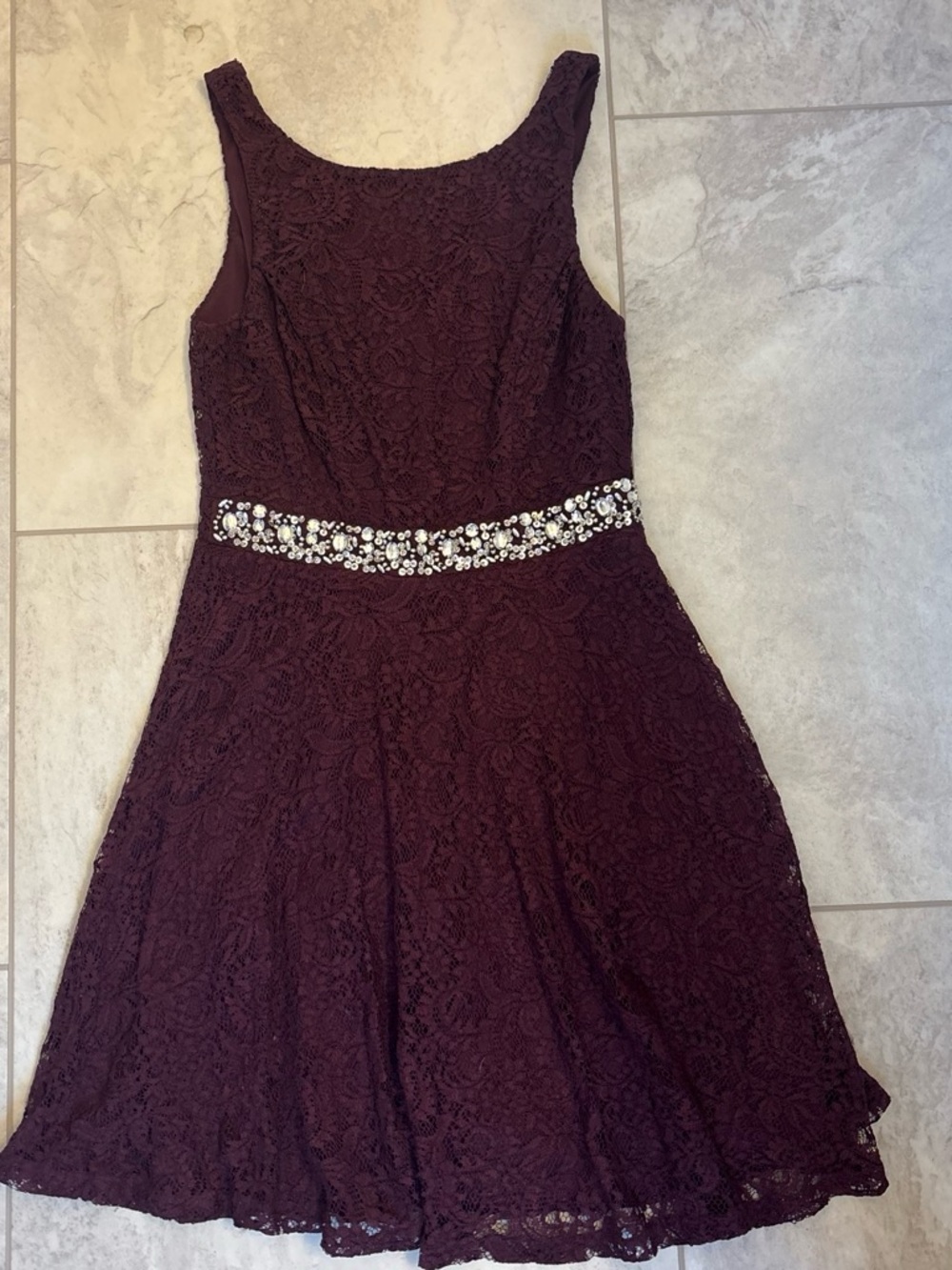 Speechless Plum Lace Fit & Flare Dress with Jeweled Waist